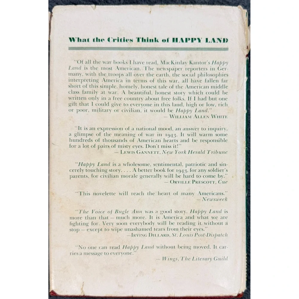 Happy Land A Story MacKinlay Kantor 1943 Hardcover Dust Jacket Coward-McCann